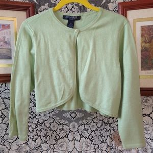 Bella Blue light green cropped long sleeve shrug sweater single button closure